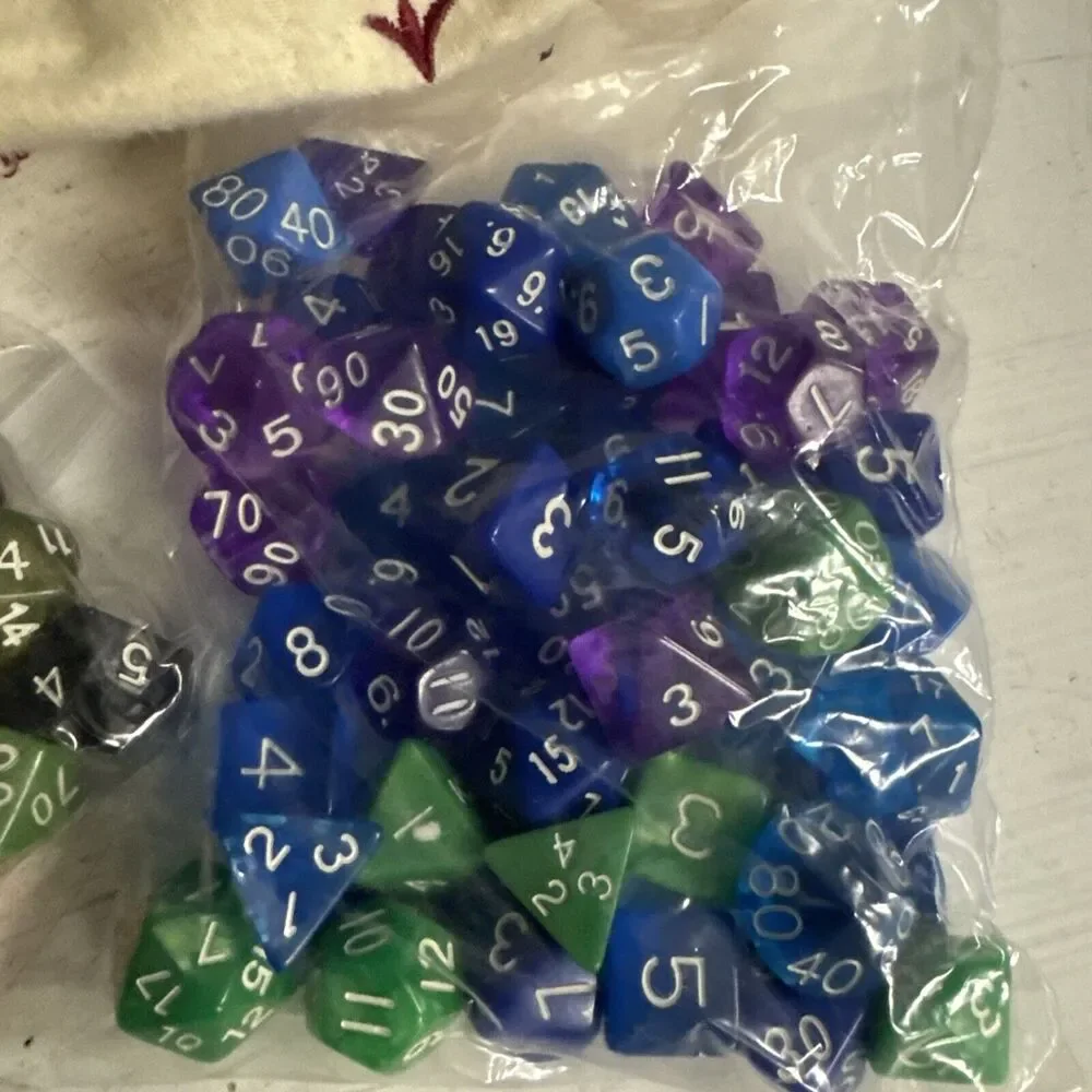 Bags Of Holding Green Blue Orange Purpl Polyhedral Dice Set DnD Dungeons Dragons